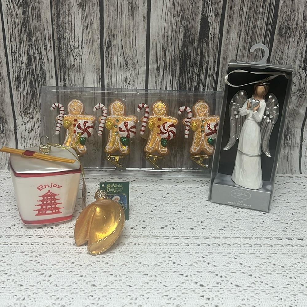 Misc. Christmas ornaments set. Chinese takeout-Fortune cookie-Gingerbread- Angel